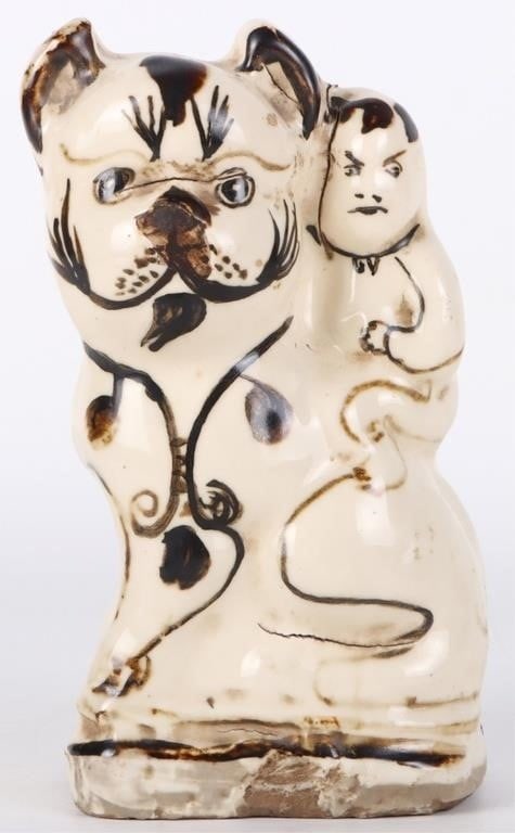 ANTIQUE CIZHOU WARE GLAZED CAT SCULPTURE: Antique Chinese Cizhou ware glazed cat and figure sculpture. Size: 7.0" tall Condition: Wear commensurate with age.