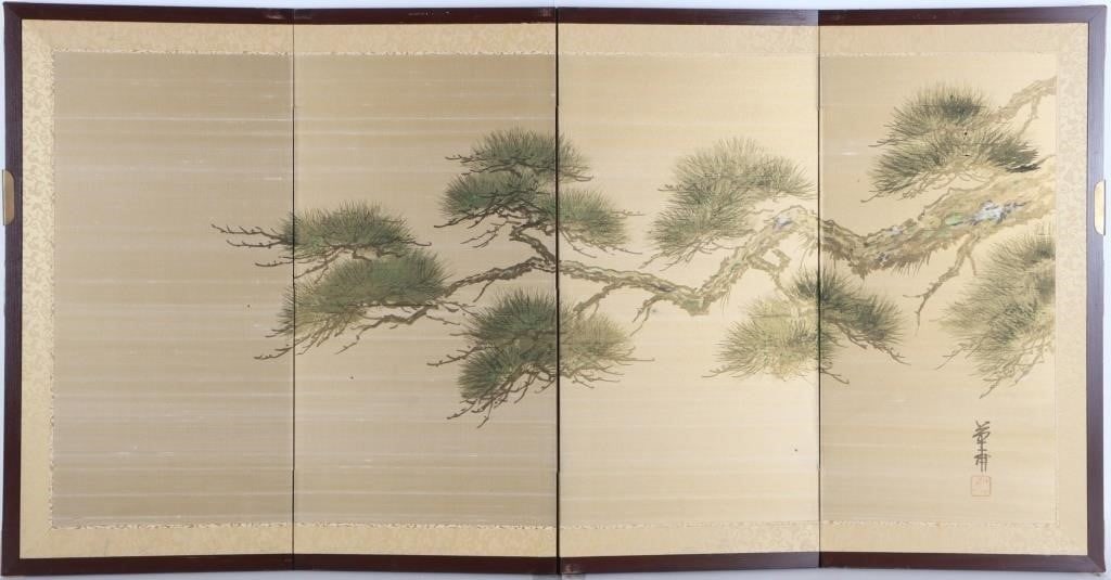 JAPANESE 4 PANEL SILK BYOBU SCREEN LEAFY BRANCH (1 of 9)