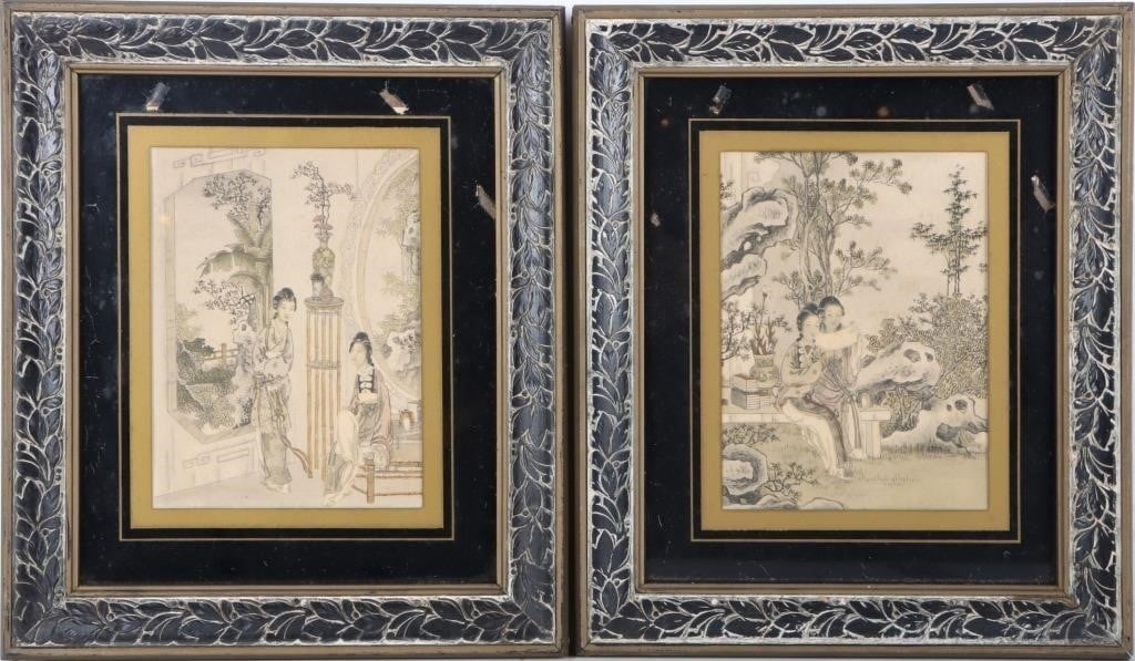 CHINESE HANDPAINTED LITHOGRAPHS LOT OF TWO: Lot of two hand-painted Chinese paper lithographs, both of which depict the daily life of wealthy courtesans. Their wooden frames are painted black and have leaves carved in them. Size: 13.5 X 11.5 X 