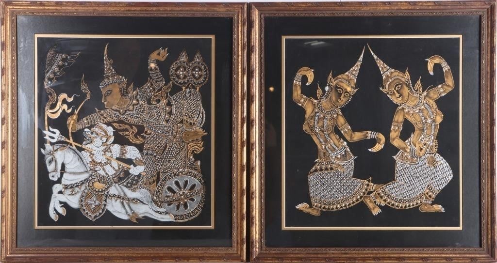 THAI SILK TAPESTRIES FRAMED MYTHOLOGICAL SCENES--2 (1 of 5)