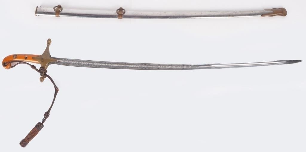 VINTAGE USMC MAMELUKE SWORD SABER ETCHED ORANGE (1 of 6)