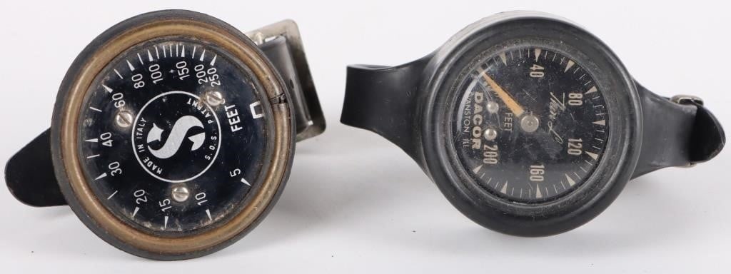 VINTAGE SCUBAPRO & DACOR WRIST DEPTH GAUGES: Vintage Scubapro capillary wrist depth gauge and one Dacor Evanston ILL wrist depth gauge. Size: 11.0" Largest Condition: Functionality not tested, see images, condition is worn.