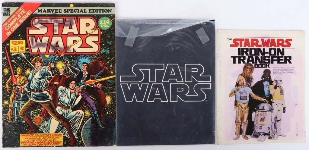 DAVE PROWES SIGNED BOOK & SW IRON ON BOOK & BLACK: Vintage Star Wars books. Lot includes Marvel Star Wars Treasury #3 signed by Dave Prowes (suit actor for Darth Vader), the Fox promotional black book, and an incomplete copy of the Star Wars Iron-On T