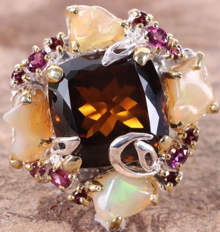 STERLING SILVER SMOKY QUARTZ OPAL TOURMALINE RING (1 of 4)