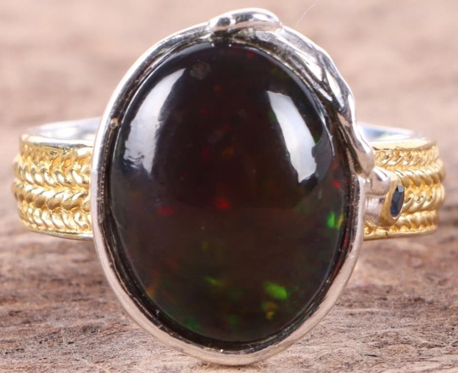STERLING SILVER CABOCHON BLACK OPAL SAPPHIRE RING (1 of 4)