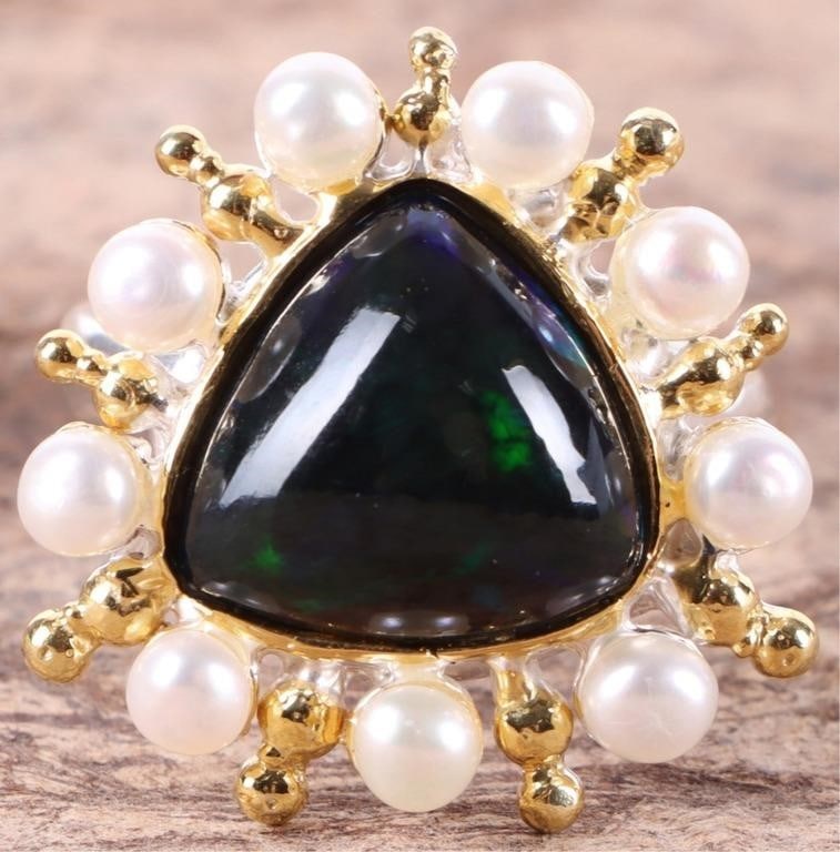 STERLING SILVER BLACK OPAL PEARL LADIES RING (1 of 4)