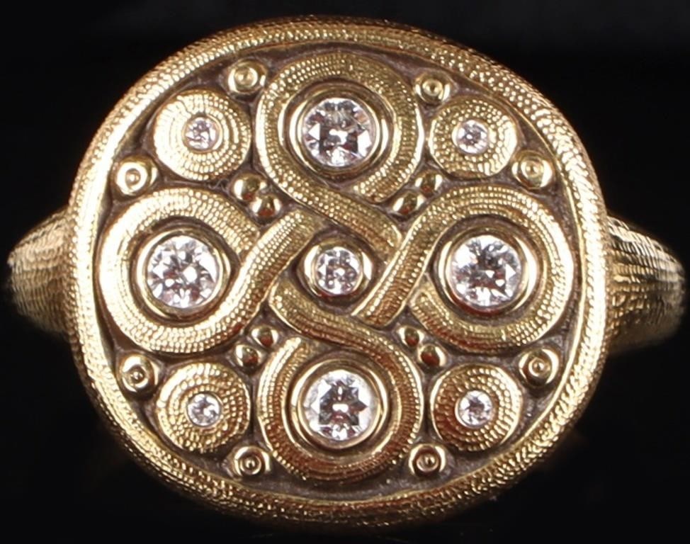 ALEX SEPKUS 18K YELLOW GOLD NATURAL DIAMOND RING: Alex Sepkus 18K yellow gold natural diamond Celtic Spring ladies ring. Gemstones to include four 0.04ct round cut natural diamonds, one 0.01ct round cut diamond and four 0.005ct round cut diamonds. St
