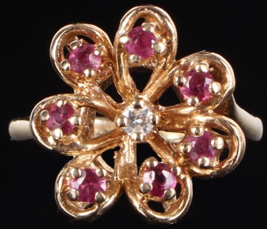 14K YELLOW GOLD FLORAL LADIES RING W/ DIA & RUBIES (1 of 4)