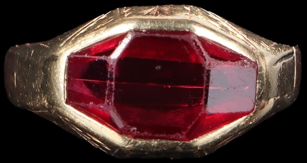 ~4.35CT OCTAGONAL RUBY 14K YELLOW GOLD MENS RING - 2