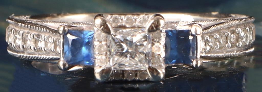 71 DIAMONDS 1.7 CTW 14K WHITE GOLD LADIES RING: Gorgeous 14k white gold ladies ring with seventy one diamonds along the shoulders and half of the band and a glittering 0.25ct square cut center diamond (making for a 1.7ctw) and two 0.16ct square