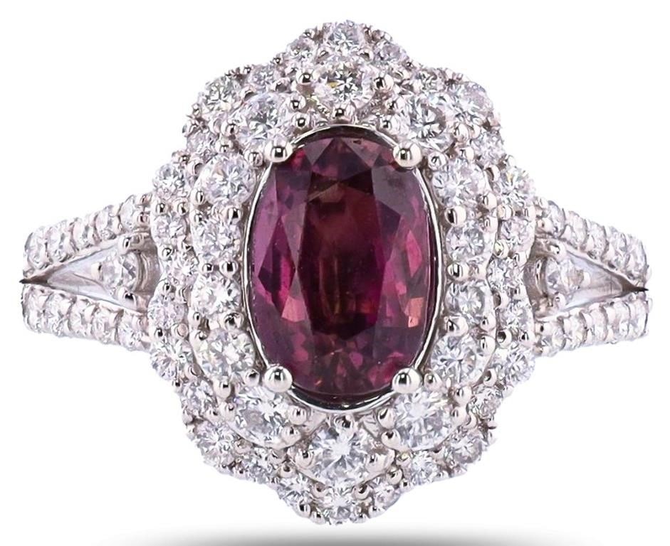 1.87 PURPLE/PINK GIA SAPPHIRE PLATINUM RING W/ DIA: One polished, stamped, and tested platinum ring marked Oscar Friedman. The ring is mounted with 1 genuine GIA certified sapphire center stone weighing 1.87 carats, and 64 genuine round diamonds