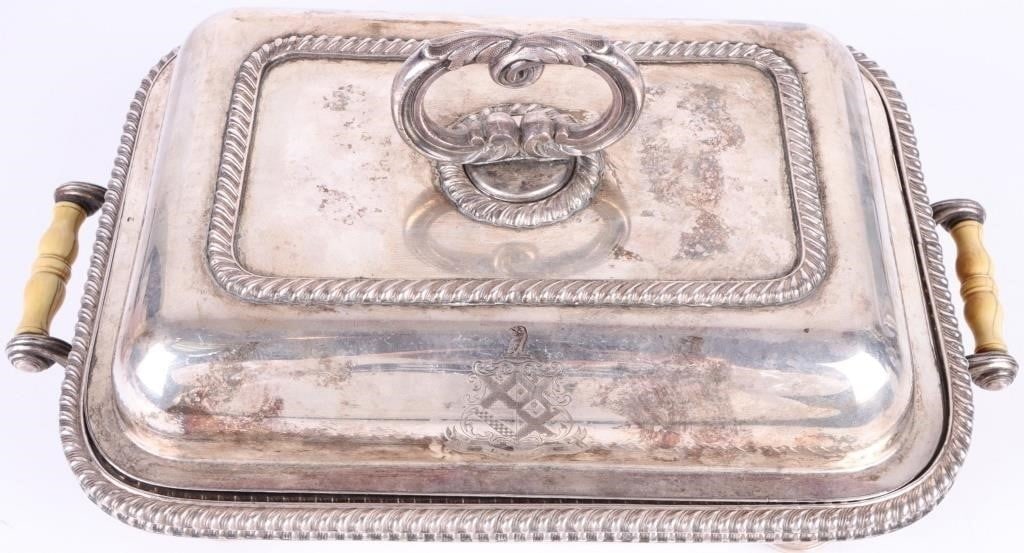 ANTIQUE SILVER PLATED DINNER TRAY SET: Antique Silver Plated Dinner tray Set. The set has the 'Suffer' family crest. The set includes: (1) wooden footed tray with wooden handles, (1) silver plated tray, & (1) tray lid that fits both previo