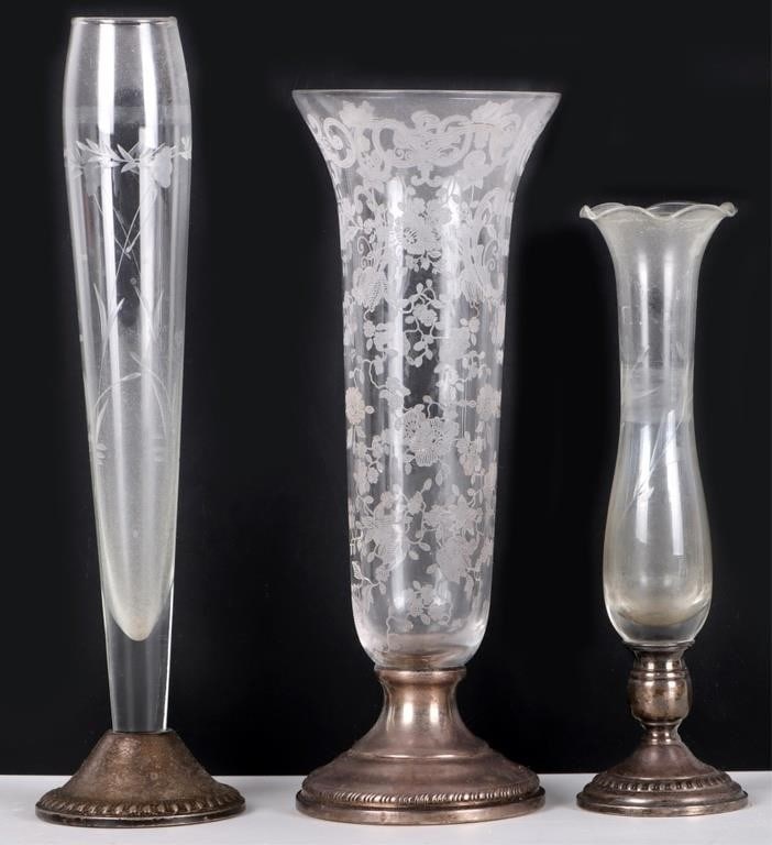 ANTIQUE WEIGHTED STERLING SILVER GLASS BUD VASES (1 of 5)