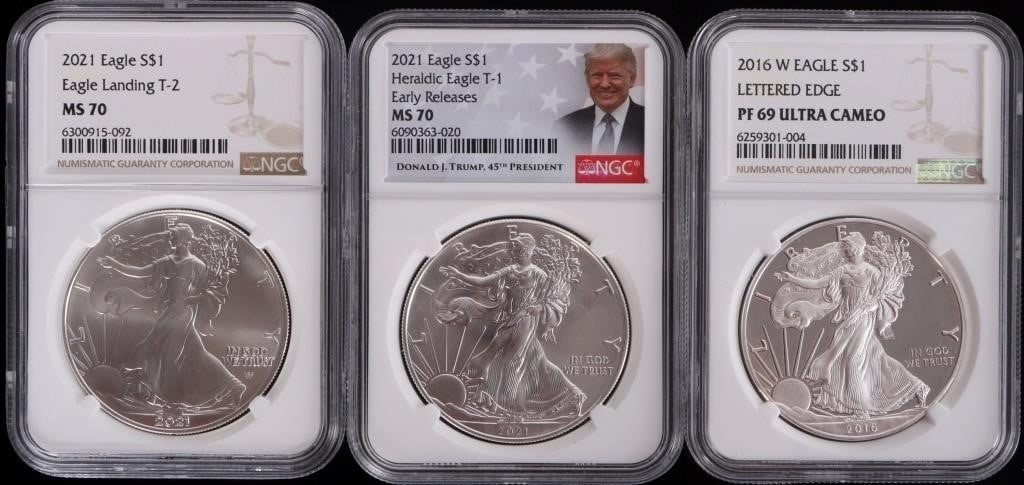 FINE SILVER AMERICAN EAGLES NGC PF/MS-69/70 -(3) (1 of 7)