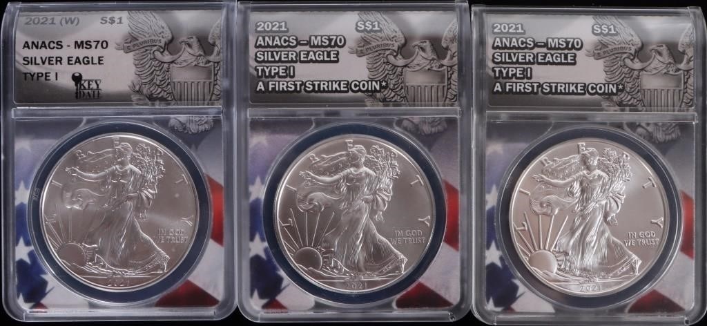 FINE SILVER 1OZT AMERICAN EAGLES ANACS MS-70 - (3) (1 of 7)