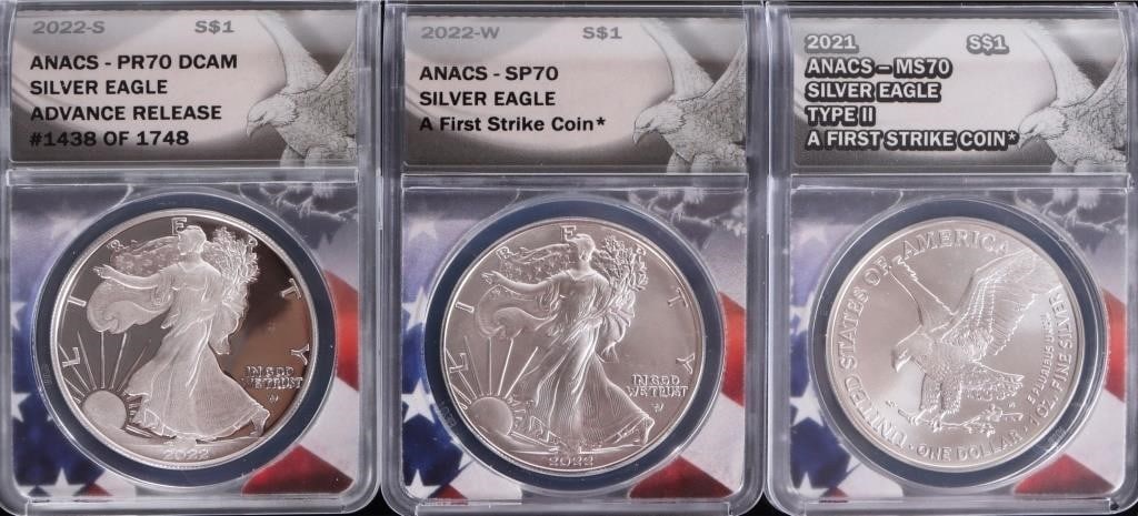 FINE SILVER AMERICAN EAGLES ANACS PF/SP/MS-70 -(3) (1 of 7)