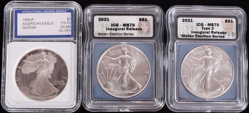 FINE SILVER AMERICAN EAGLES ICG/IGS MS/PF-70 - (3) (1 of 7)
