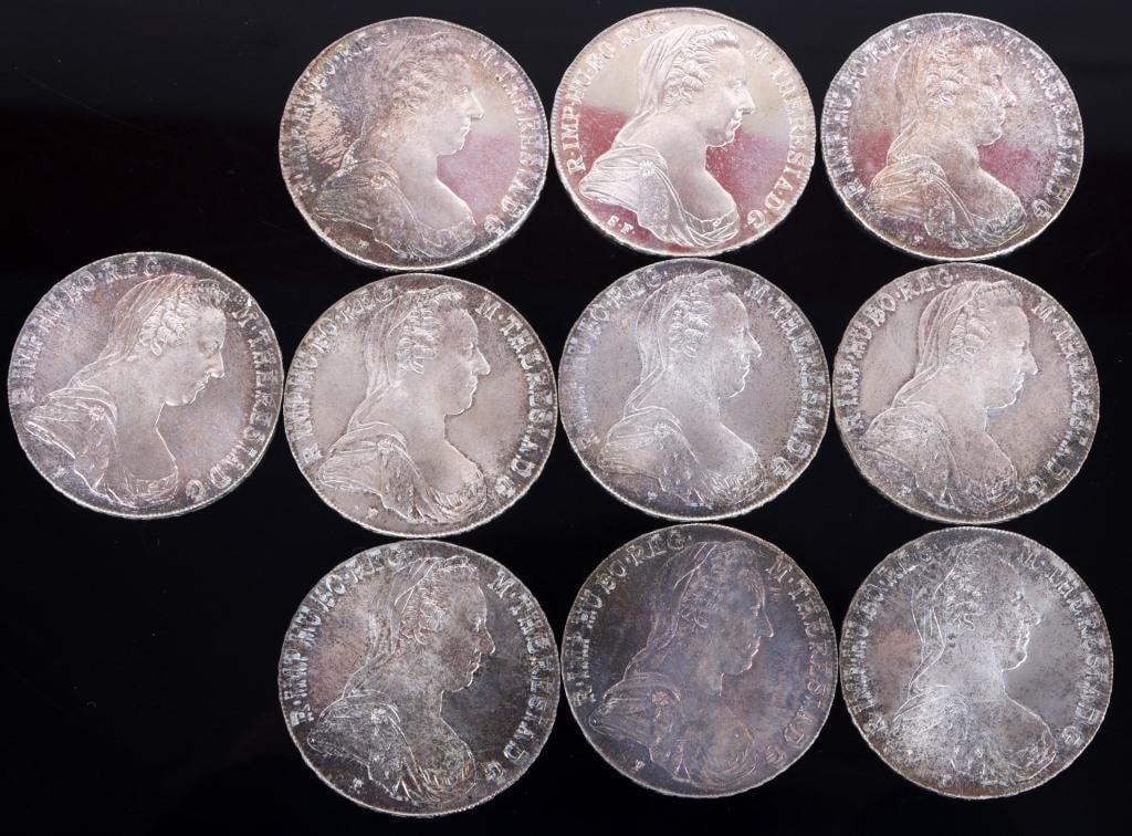 1780 THERESA THALER 83.3% SILVER RESTRIKES -(10): Ten 1780 Austrian Maria Theresa Thaler 83.3% silver Proof restrike coins. Weight: 280.90 Grams Condition: Almost Uncirculated to Uncirculated.