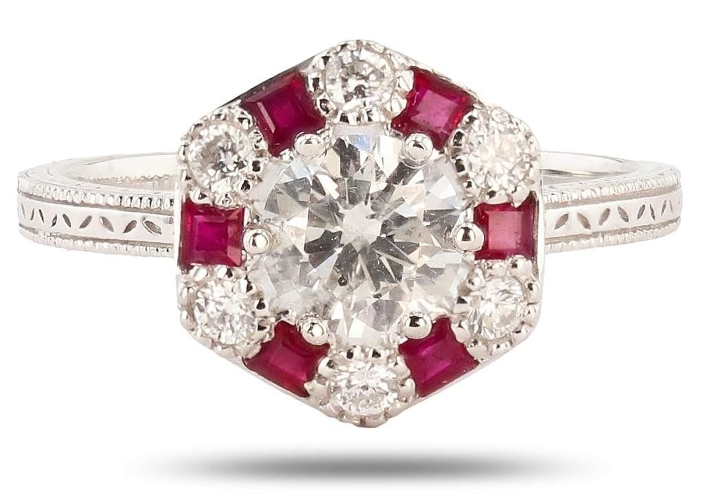 LADIES DIAMOND & RUBY PLATINUM RING - NEW!: Description of Article: Ruby and Diamond Ring #Diamonds# Carat: 0.88 TCW Approx.; Cut: Round Cut; Color: H-I; Clarity: SI-I #Ruby# Carat: 0.37 CT. Approx.; Cut: Rectangular Cut; Color: Red; Quality: