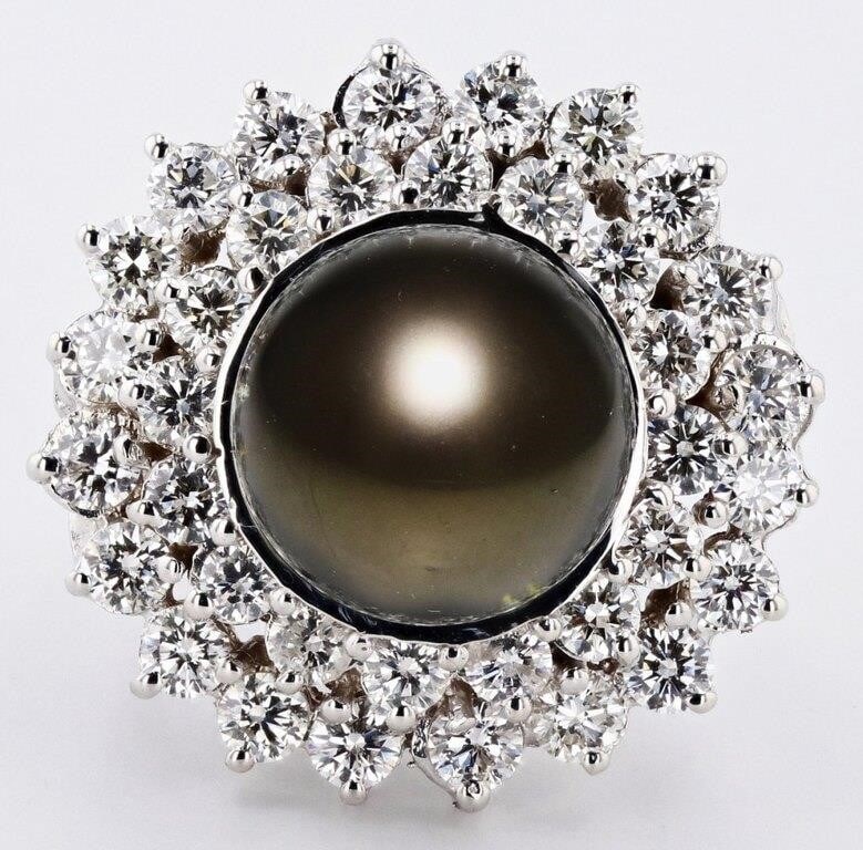 12.5MM TAHITIAN PEARL 3.16CTW DIAM.14K GOLD RING (1 of 4)