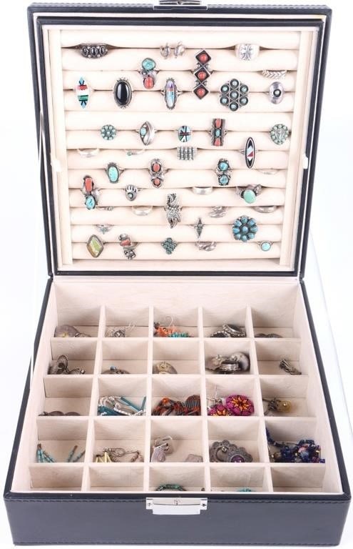 SOUTHWEST STERLING JEWELRY COLLECTION W/ BOX: Southwest sterling silver & Mexican sterling silver jewelry collection to include several handmade signed rings with inset coral, turquoise, and onyx. There are thirty-nine sterling silver rings total