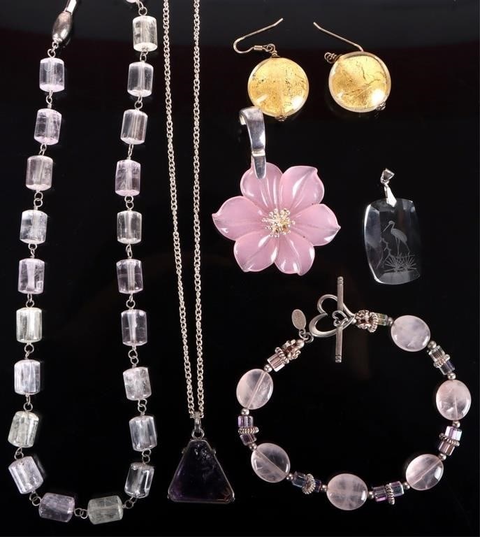 STERLING SILVER LADIES JEWELRY LOT LAV JADE (6): Assorted sterling silver ladies jewelry. Lot includes a necklace with a large triangular lavender jade pendant (chain is NOT sterling), a flower pendant made of pink amethyst, a bracelet with pink ame