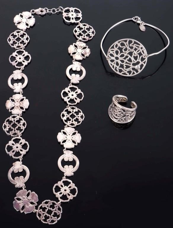 DESIGNER TOUS STERLING SILVER LADIES JEWELRY: Designer Tous sterling silver ladies jewelry to include one necklace, one bracelet, and one ring. Weight: 43.45 Grams Size: 16" Length Condition: Very fine.
