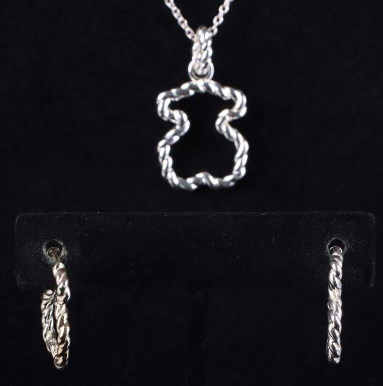 TOUS DESIGNER STERLING SILVER MATCHING SET: Tous designer sterling silver ladies jewelry includes one Tous bear necklace and one pair of matching earrings. Weight: 12.0 grams Size: 17" length Condition: Very fine.