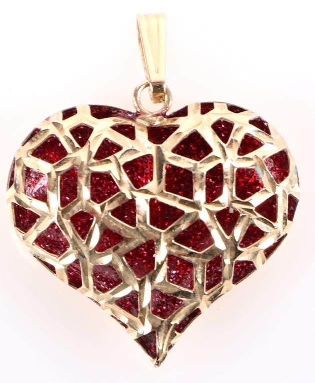14K GOLD FILIGREE BUBBLE HEART LADIES PENDANT: 14K yellow gold filigree bubble heart ladies pendant with a ruby red undertone. Weight: 2.23 Grams Condition: Very fine