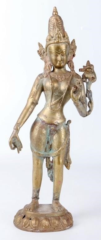 VINTAGE TARA-PARVATI BRONZE STATUE 17' TALL: Vintage bronze statue depicting Tara-Parvati (the Mahayana Buddhist goddess Tara with iconography borrowed from Parvati, the consort of Shiva in Hinduism). Perfect for those interested in Asian art an