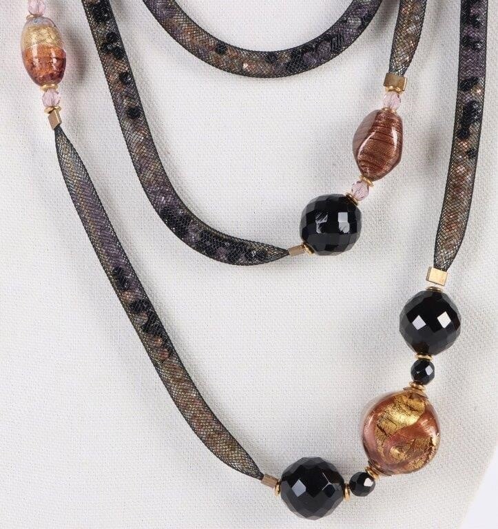 MURANO MESH AND RHINESTONE FASHION NECKLACE: Murano mesh and rhinestone 3 strand ladies fashion necklace. Size: 22"-24.5" Condition: Very fine. See images.