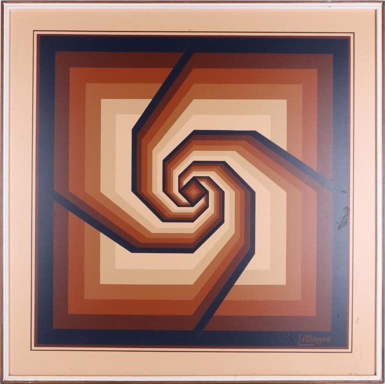 A. LETTERMAN GEOMETRIC OP ART OIL ON CANVAS FRAMED: Antoinette Letterman Geometric OP art oil on canvas framed. Antoinette Letterman is an American Artist whose pieces have sold up to $900 in auction. Size: 37.50" X 37.50" Condition: Some minor points 