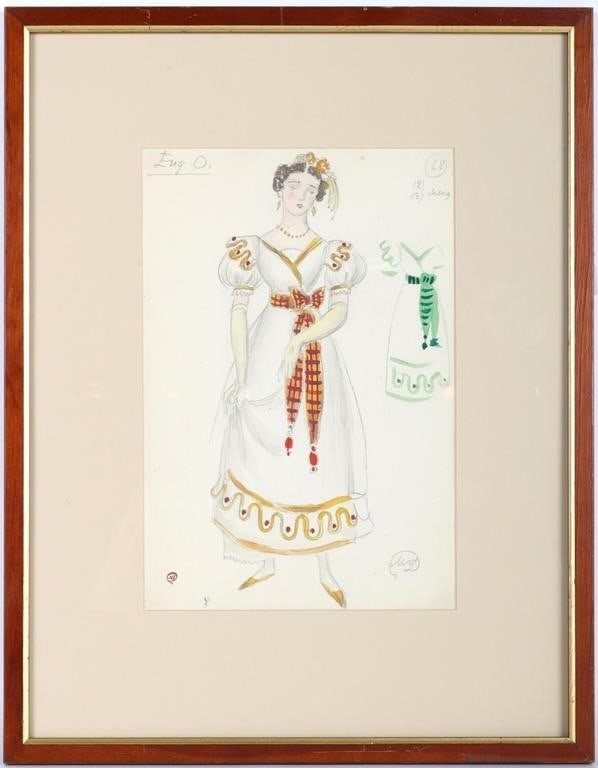 DOBUZHINSKY EUGENE ONEGIN COSTUME SKETCH YELLOW: Signed Mstislav Valerianovich Dobuzhinsky (1875-1957) Russian artist original, historical costume sketch for Pyotrllyich Tchaikovsky's opera Eugene Onegin. It was created in 1935 for the landmark 1937