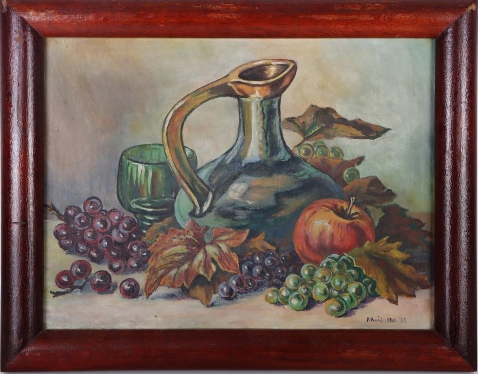 R. KUHLMANN STILL LIFE ACRYLIC ORIGINAL PAINTING: R. Kuhlmann still life acrylic original painting. Painted in 1945. Size: 15.5 X 11.5", 19 X 15" Frame Condition: Frame and painting are in very good condition.