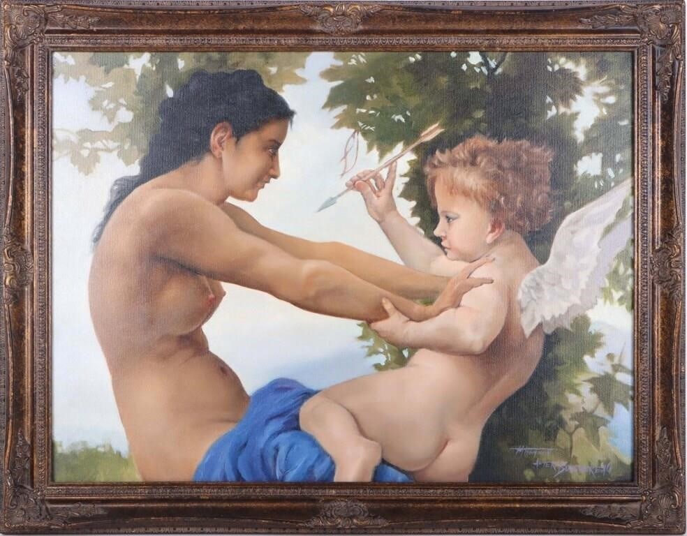 AFTER BOUGUEREAU YOUNG GIRL DEFENDING AGAINST LOVE: Reproduction of the William-Adolphe Bouguereau painting "Young Girl Defending Herself Against Love" by the Spanish artist and Florida State University Alumnus Thomas M. Thomson. This copy depicts an u