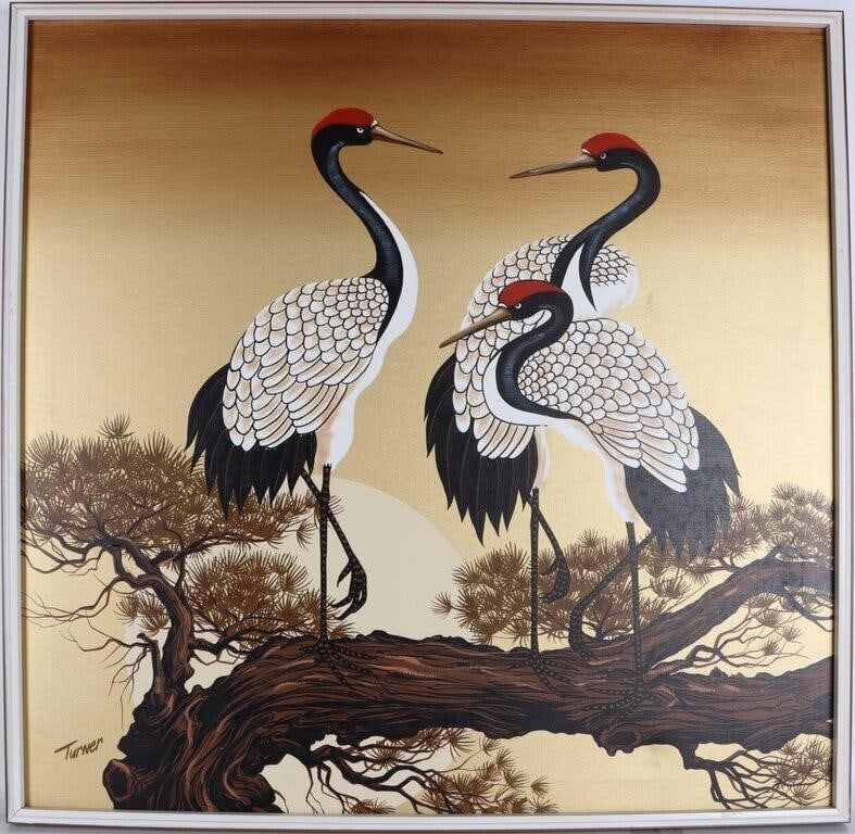 TURNER JAPANESE CRANES ON BRANCH OIL ON CANVAS: Turner Japanese Red-Crowned Cranes on a pine branch oil on canvas framed. Not much is known about the talented artist under the signature "Turner." Size: 37.50" X 37.50" Condition: Little wear, see im