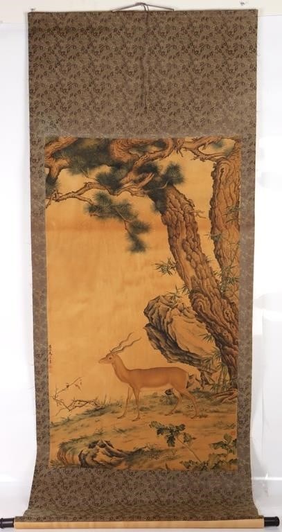 ANTIQUE HUAGASHAN PINE & GAZELLE LITHOGRAPH SCROLL: Antique Huagashan Pine & Gazelle lithograph scroll. Size: 27.00" X 70.00" Condition: Very fine.