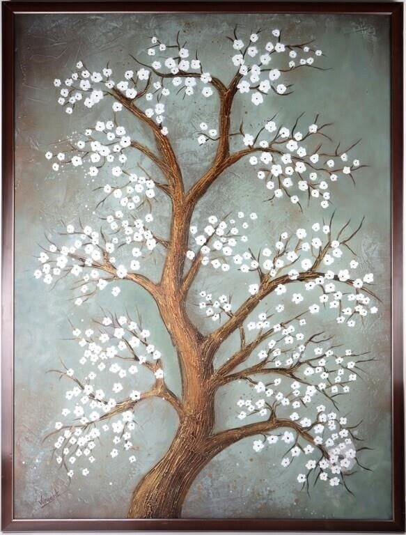 AFTER VINCENT VAN GOGH ORIGINAL ALMOND BLOSSOMS: Original "Almond Blossoms" after Vincent Van Gogh, this acrylic painting is an original piece created after and in homage to Vincent Van Gogh. Size: 35.25" X 47.0", 37.75" X 49.5" Frame Condition: