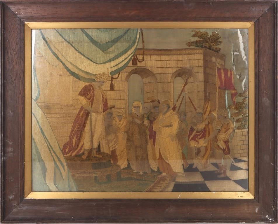 LARGE FRAMED MIDDLE EASTERN KINGDOM TAPESTRY: Framed Middle Eastern Kingdom Tapestry to depict a King, a woman and his guards in some open quarters. Size: 34.75" X 27.50" Framed Condition: A couple tears on the top right corner along with a torn