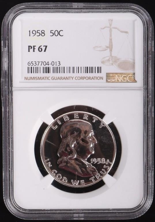 1958 BEN FRANKLIN 90% SILVER 1/2 DOLLAR NGC PF-67: 1958 Ben Franklin 90% Half Dollar NGC Proof-67. Weight: 12.50 Grams Condition: NGC Proof-67.