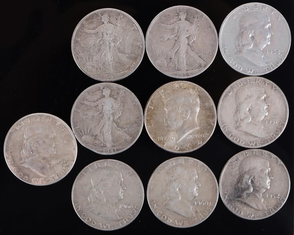 90% SILVER ASSORTED U.S. HALF DOLLARS - (10): 90% silver assorted U.S. Half Dollars to include various Walking Liberty, Ben Franklin, and John F. Kennedy Half Dollars. Weight: 125.00 Grams Condition: Around Good to Very Fine.