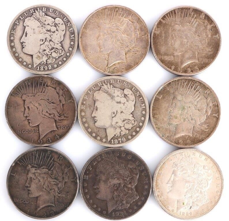 90% SILVER ASSORTED MORGAN/PEACE DOLLARS - (9) (1 of 2)