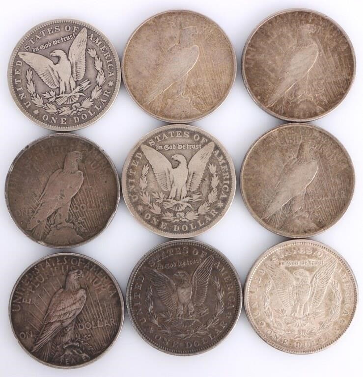90% SILVER ASSORTED MORGAN/PEACE DOLLARS - (9) - 2