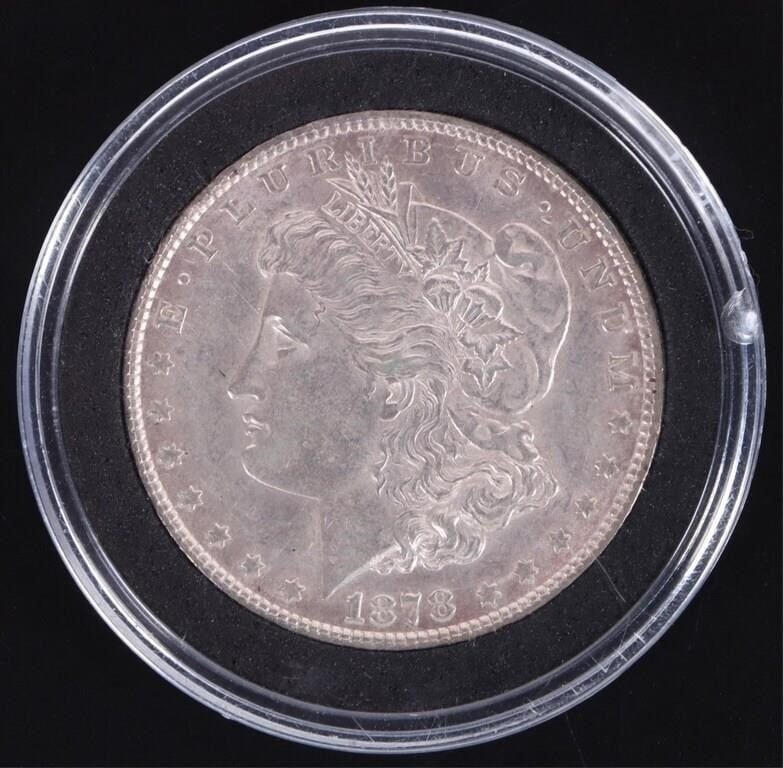 1878 P 7 TAIL FEATHERS 78 REVERSE MORGAN DOLLAR: 1878 Philadelphia Mint 7 tail feathers & 1878 reverse Morgan Dollar. Condition is about Mint State uncirculated. Weight: 26.73 Grams Condition: About Mint State uncirculated condition.