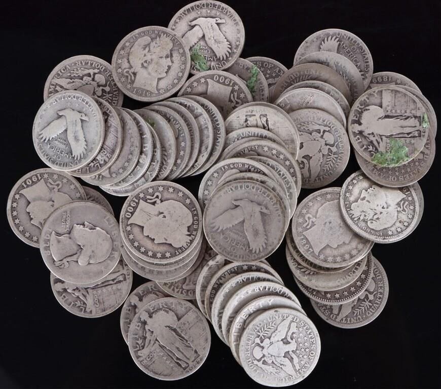 ASSORTED 90% SILVER BARBER-WASHINGTON QUARTERS(67): 67 assorted 90% silver Barber-Washington U.S. quarters. Weight: 389.90 Grams Condition: Ranges from Fair to Extremely Fine.