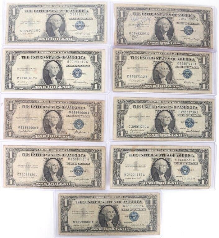 1935-1937 US $1 SILVER CERTIFICATE NOTES - (9): 1935-1937 United States $1 Silver certificates notes to include: two 1957 (A) notes, two 1957 notes, and five 1935 (A, 2x E, F, G) notes. Condition: Varies, see images.
