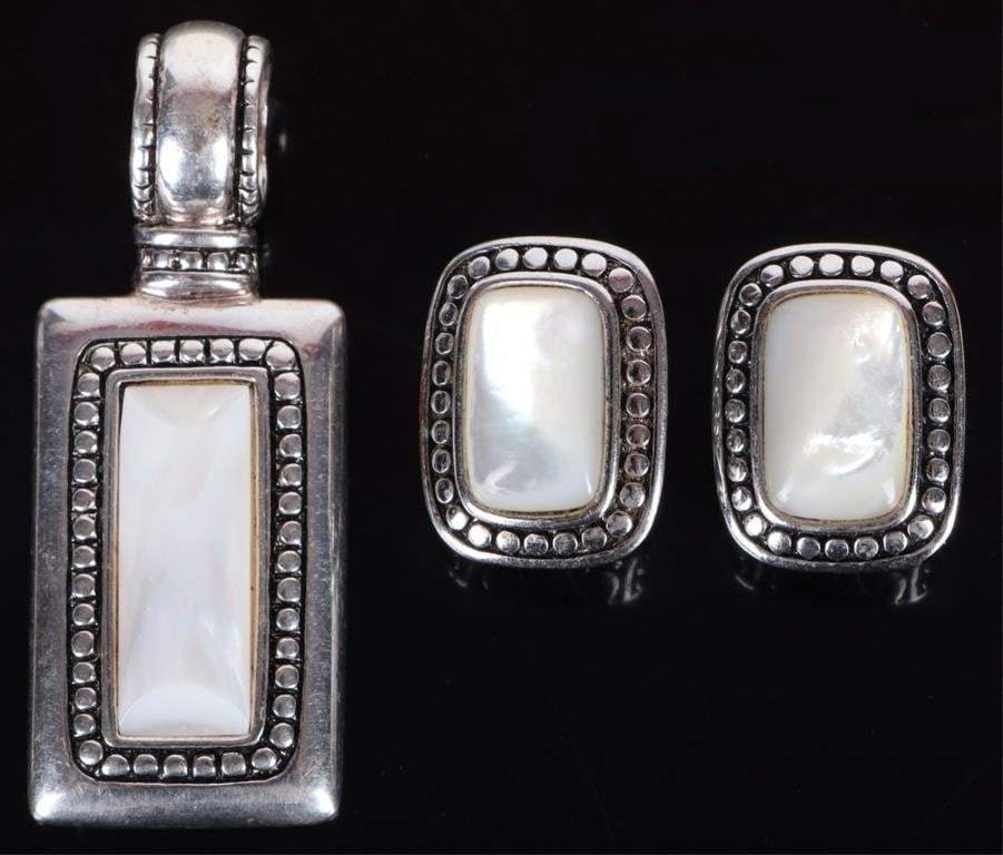 PREMIER DESIGNS MOTHER OF PEARL PENDANT & EARRINGS: Premier Designs mother of pearl pendant and earrings matching set. Earrings have a beautiful filigree design. Stone Type: Mother of Pearl Weight: 29.46 Grams total Condition: Very fine