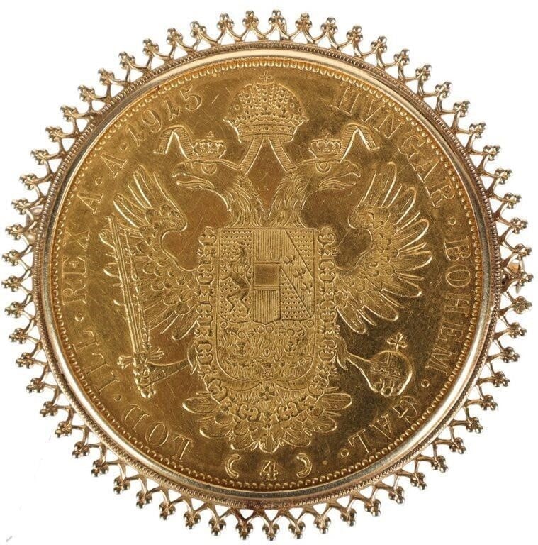 0.986 GOLD 1915 AUSTRIA 4 DUCAT IN 18K SETTING PIN: 0.986 gold 1915 Austrian 4 Ducat in 18K yellow gold setting pin/ pendant. Weight: 17.58 Grams Size: 1.875" Condition: Around Almost Uncirculated.