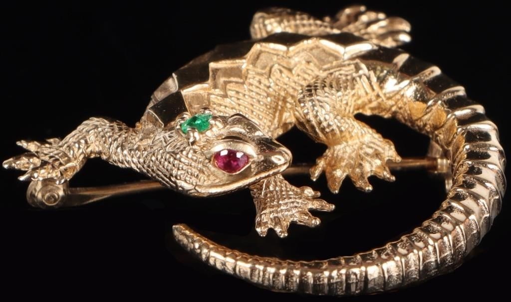 14K YELLOW GOLD LIZARD LADIES BROOCH W/ EM & RUBYS (1 of 4)