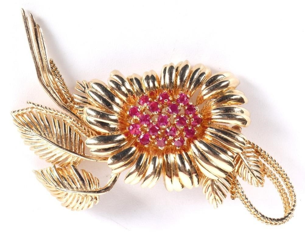 1.26CTW RUBIES 14K YELLOW GOLD WILDFLOWER BROOCH (1 of 2)